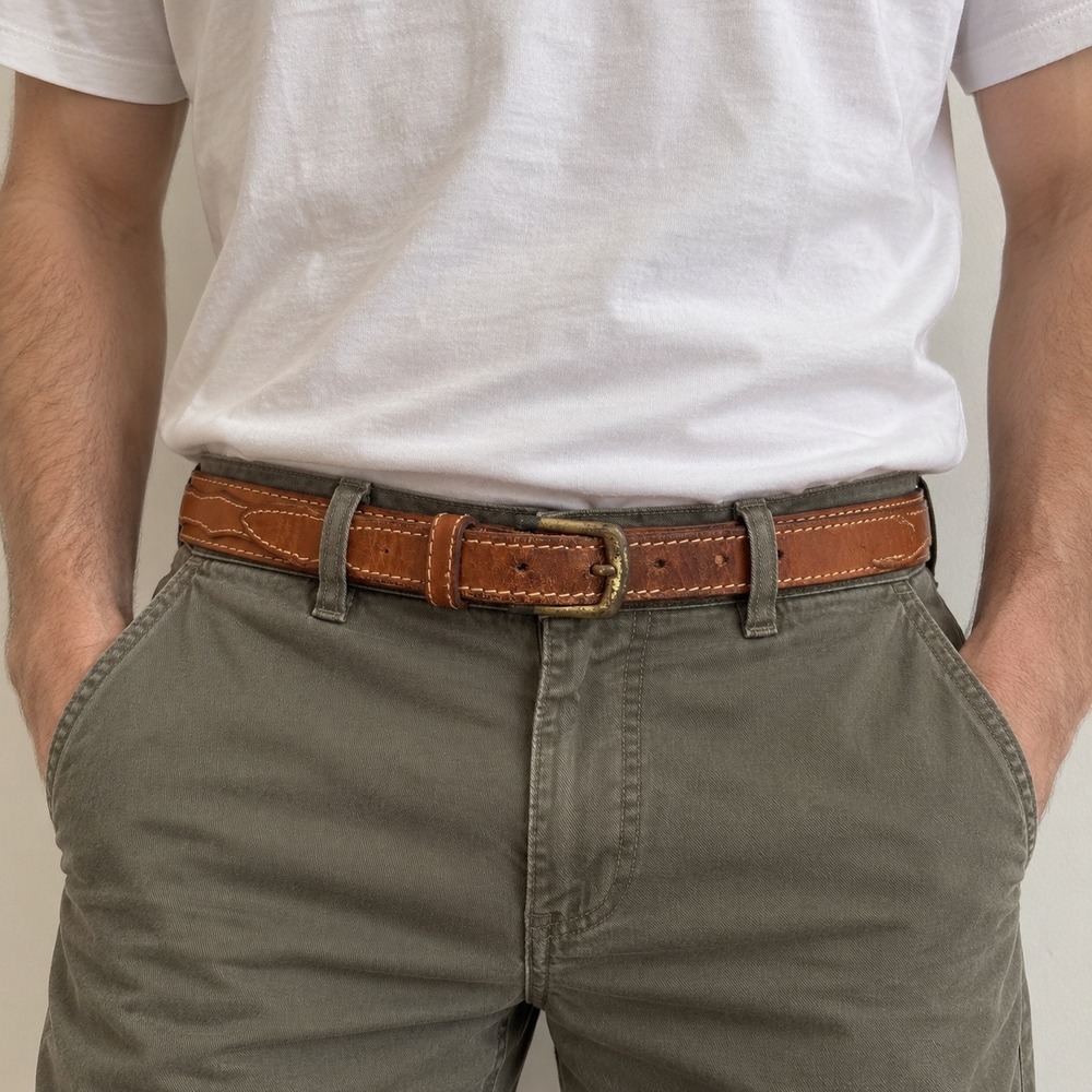 Vintage Mens Western Belt 34 Tan Leather Stitched Brass Buckle USA Made 14459